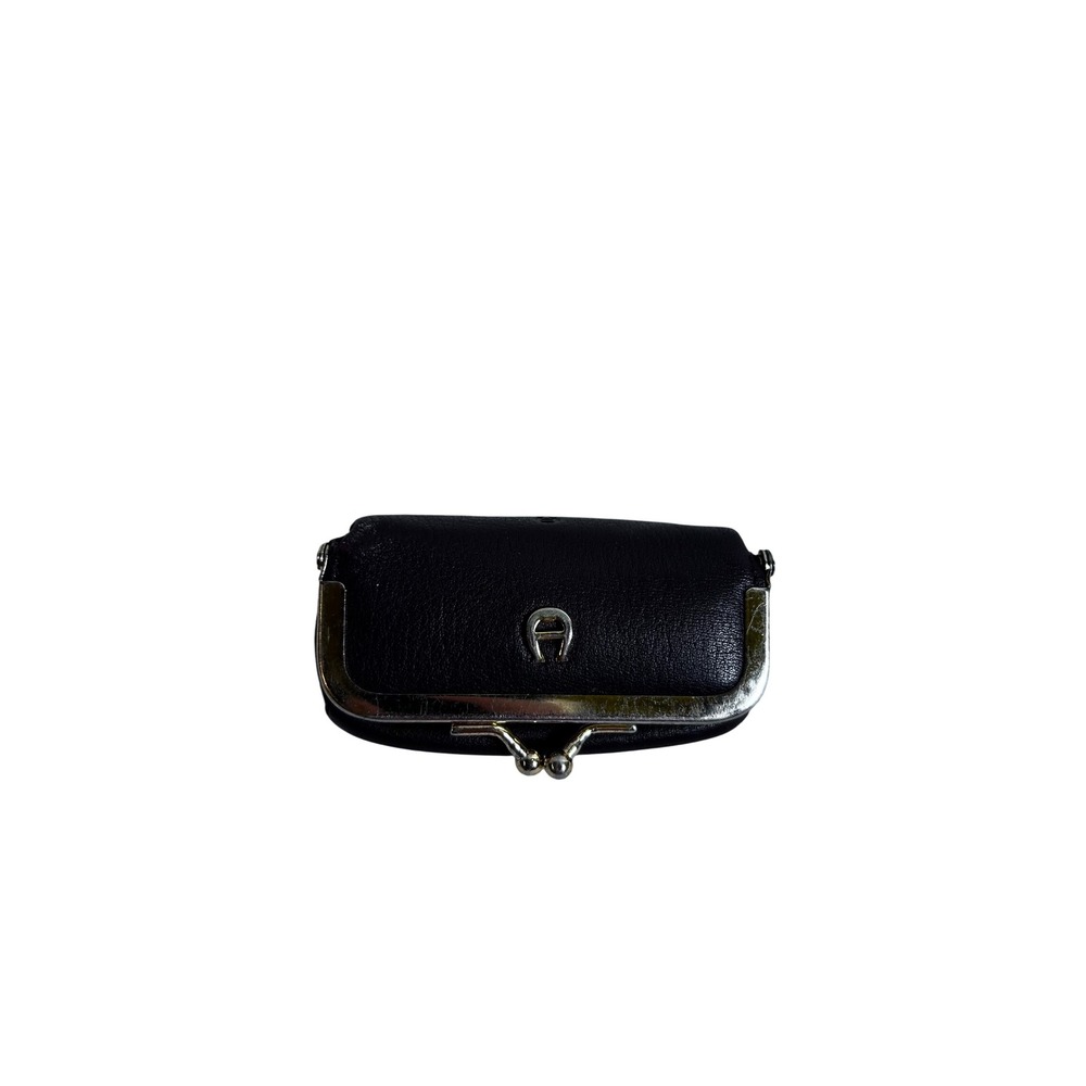 Etienne Aigner Lipstick Case OS Black Leather Kiss Lock Vintage Women